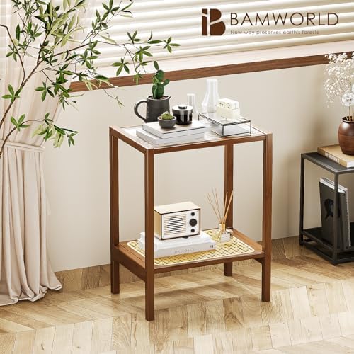 Bamworld Rattan Side Table Boho End Table 2-Tier with Storage Living Room