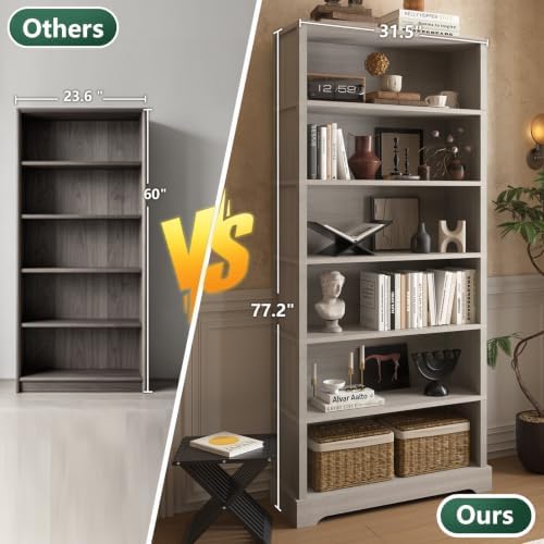 TVU 6 Tiers Wooden Bookshelf, 77.2" Tall Farmhouse Style Open Bookcase, ...