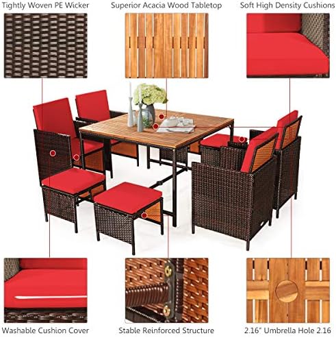 Tangkula 9 Pieces Acacia Wood Patio Dining Set, Space Saving Wicker Chairs an...