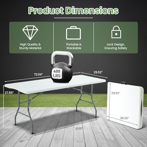 6FT White Plastic Folding Table Heavy Duty Tables Set of 1 | HDPE Tabletop Fo...