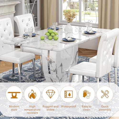 JUFU 63-Inch Faux Marble Dining Table Set for 4, White Chairs, Silver Legs | ...