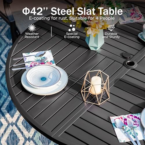 PHI VILLA Patio Dining Set for 4, Round Table & Swivel Mesh Chairs, Blue