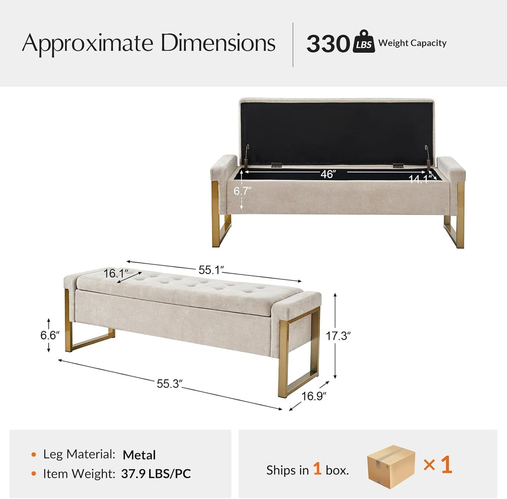 Modern Storage Ottoman Bench with Gold Metal Legs Upholstered Footrest End-of...