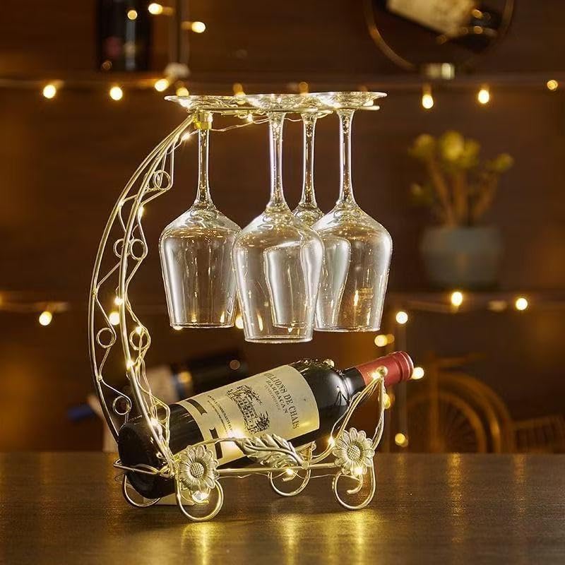 Wine Rack with Glass Holder, Countertop Bottle Stand, Gold Metal with Floral ...