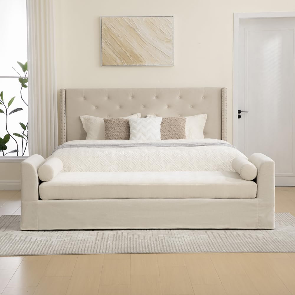 88.58" Chenille End of Bed Bench Chaise Lounge, Upholstered Bedroom Benc...