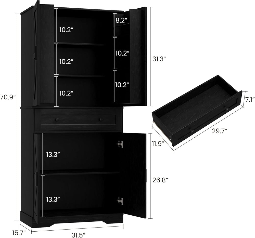 Garvee 71" Kitchen Pantry Cabinet, Barn Door Freestanding Cupboard with ...