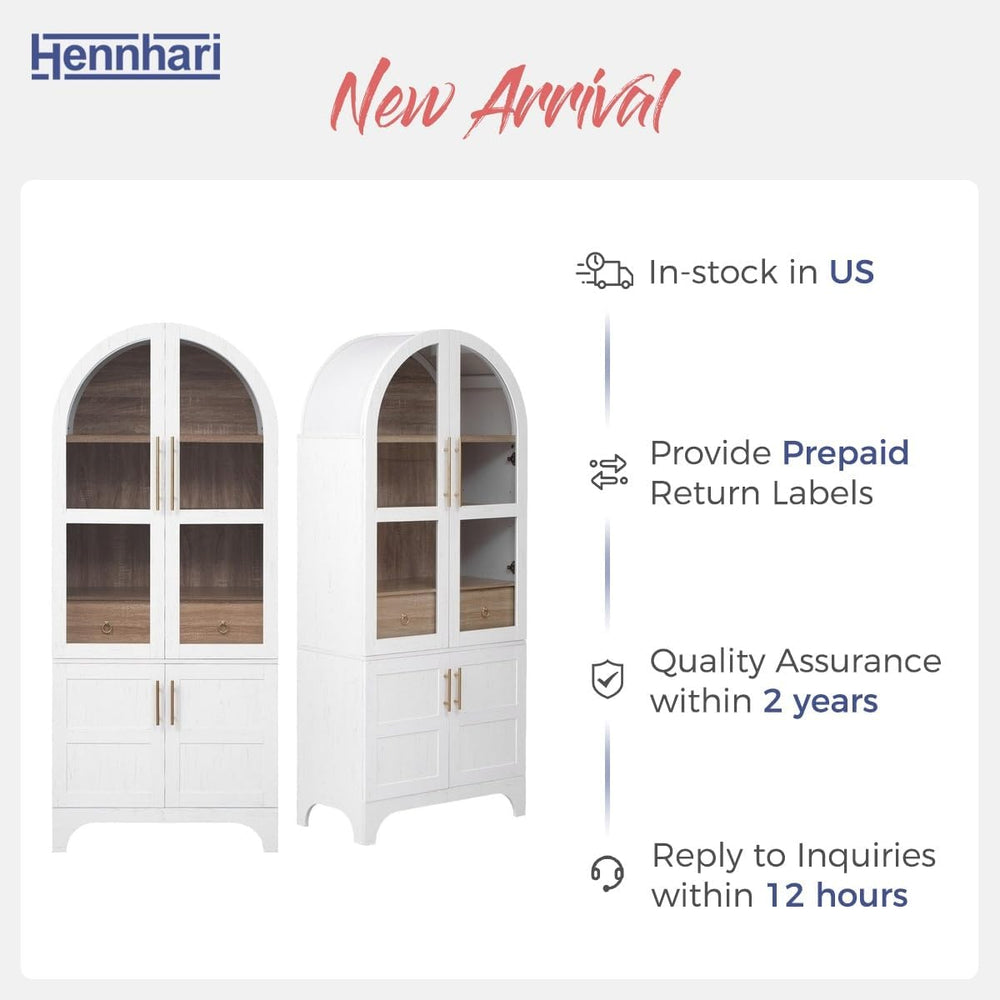 71" Tall Storage Cabinet with Arched Glass Doors, Pantry Cabinet with So...