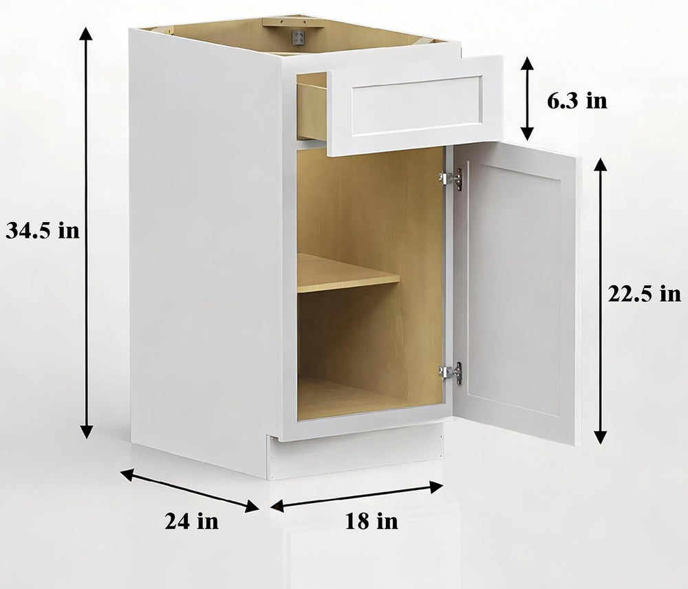 18 Inch White Shaker Kitchen Base Cabinet, RTA Plywood Box Storage with 1 Dra...