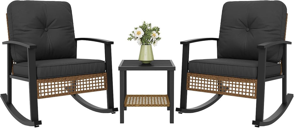 Aoxun 3 Piece Outdoor Rocking Chairs Bistro Set, Rattan Patio Furniture with ...