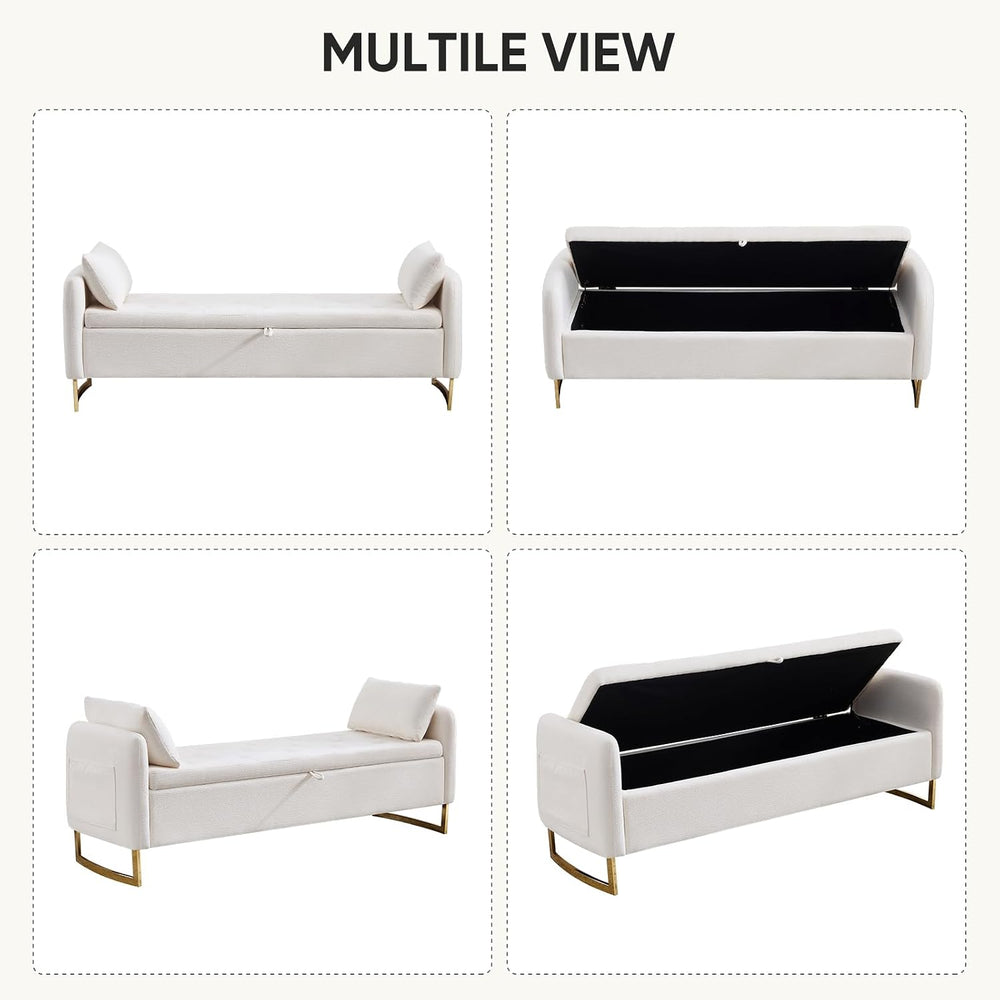 Storage Bench for Bedroom, 65 Inch End of Bed Storage Bench Cream | Chenille ...