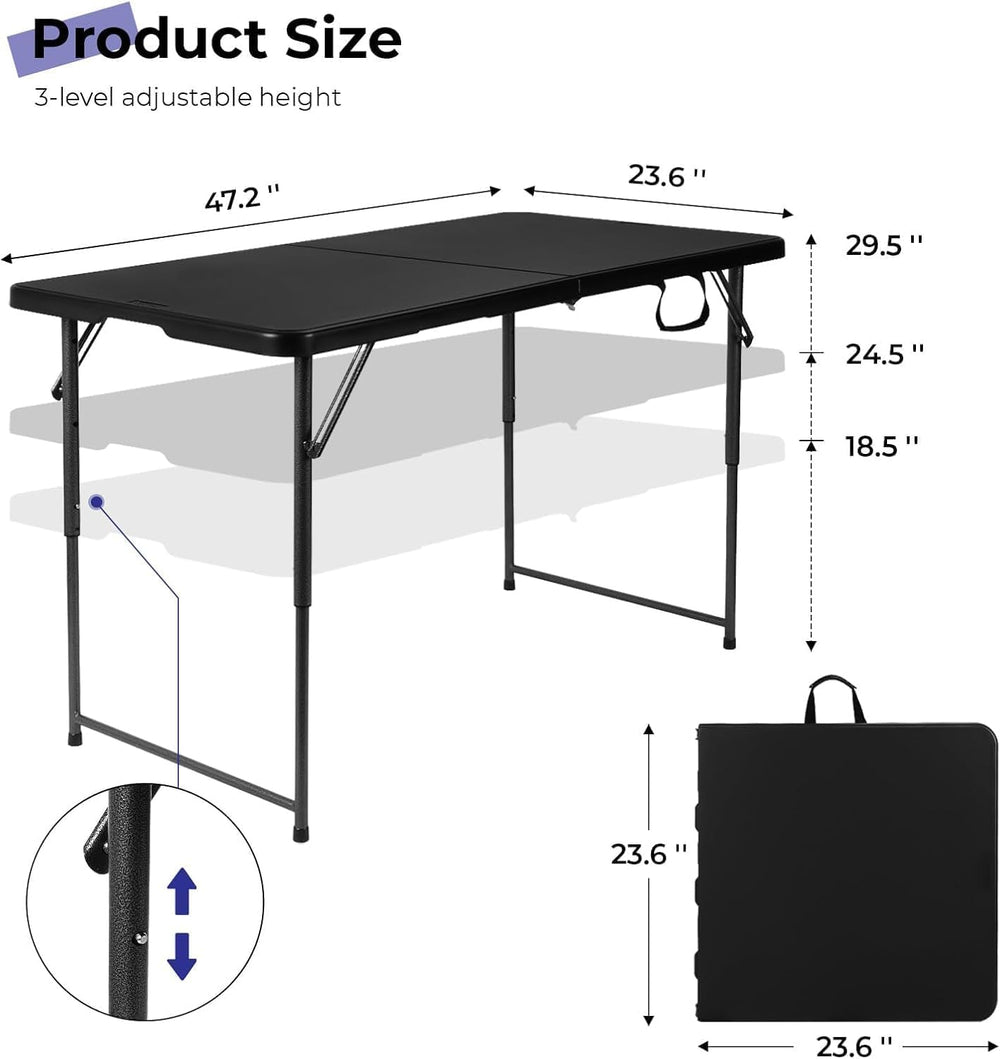 4FT Folding Table Heavy Duty 350 LBS, 3 Adjustable Heights Fold-in-Half Porta...