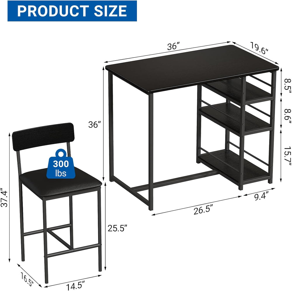 3 Piece Counter Height Dining Table Set for 2 with 3-Tier Storage Open Shelve...