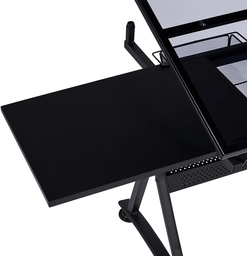 Yaheetech Adjustable Drafting Table & Stool, Tilting Glass Art Desk, Blac...