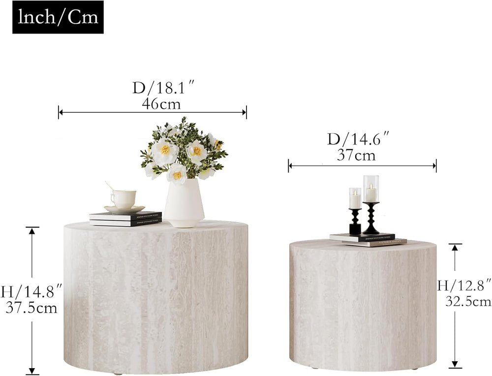 2-Piece Round Nesting Coffee Table Set with Travertine Texture, Modern Stacka...