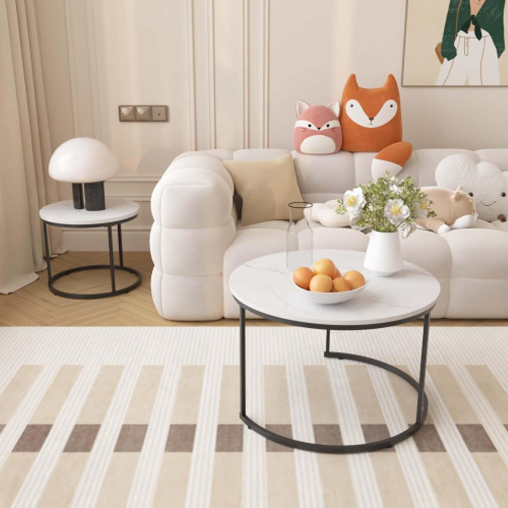 Round Coffee Table Set of 2, Modern Nesting Tables with Marble Look Top &...