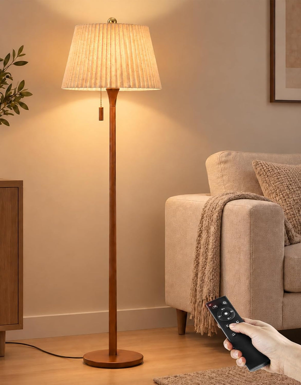 OUTON Wood Floor Lamp with Remote, Dimmable Farmhouse Floor Lamp, Walnut