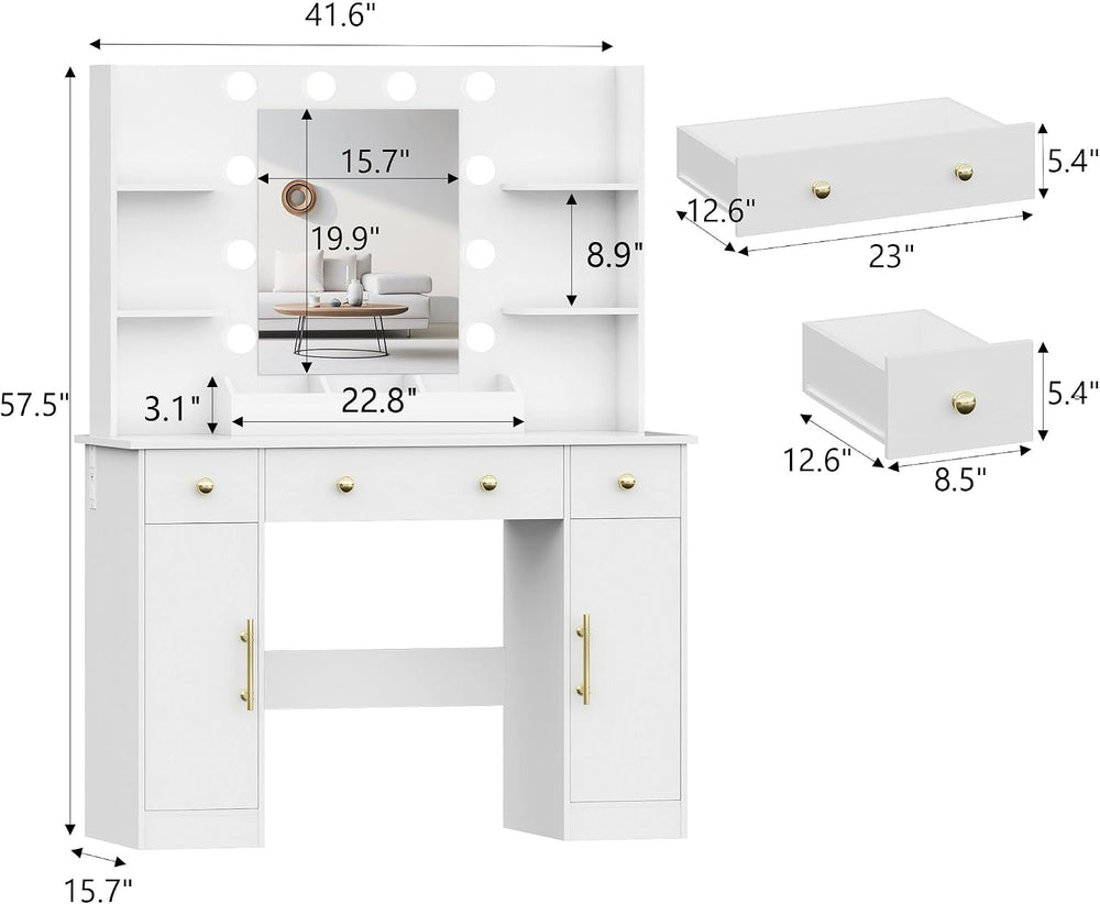 Wodeer Makeup Vanity Desk with Mirror and Lights, 43" White Vanity Set w...