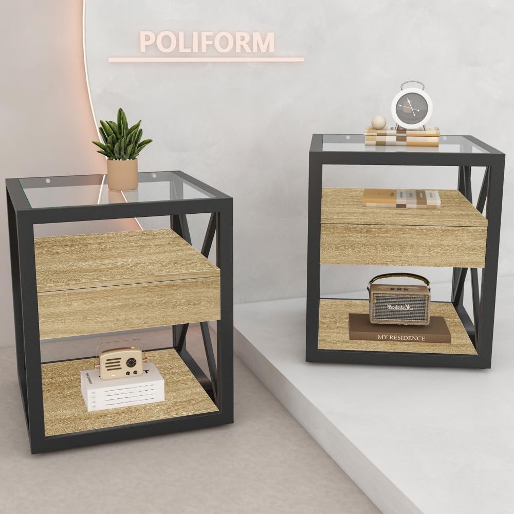 End Table Set of 2, Natural Wood MDF with Tempered Glass Top and Drawer | Ind...