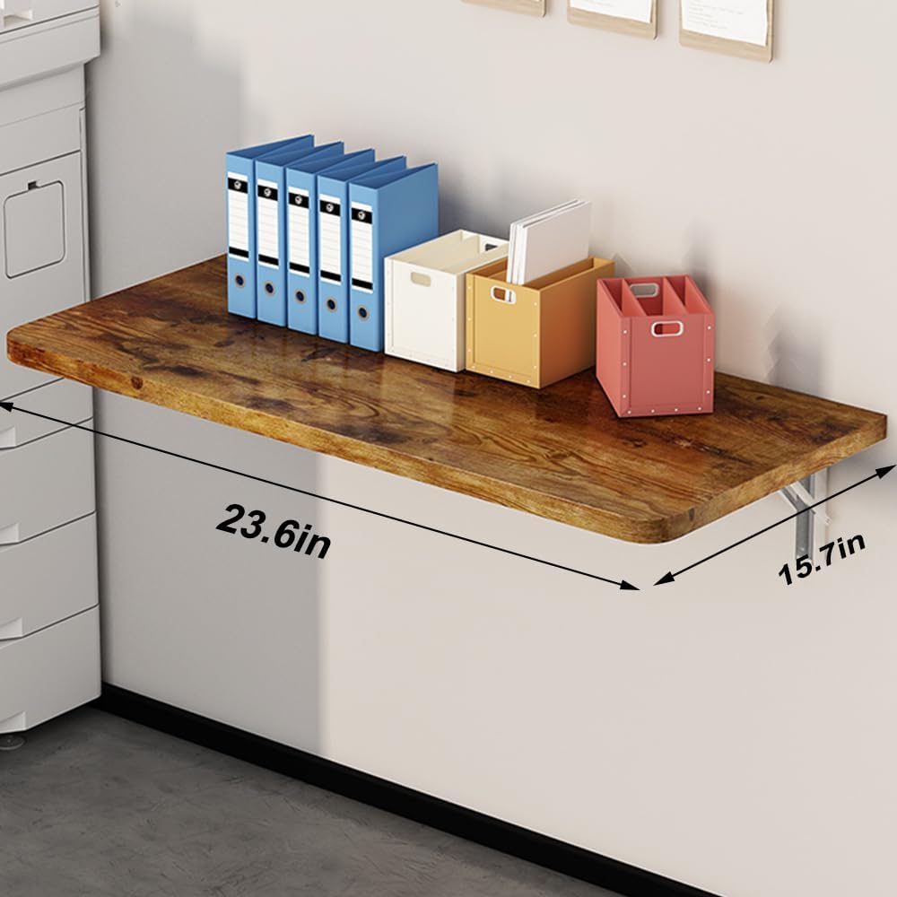 Rustic Wall Mounted Folding Table, Solid Wood Floating Desk with Stainless St...