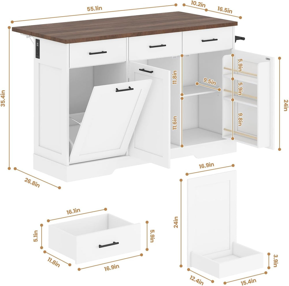 Kikihouse 55" Drop Leaf Kitchen Island Table with Power Outlet, Large St...