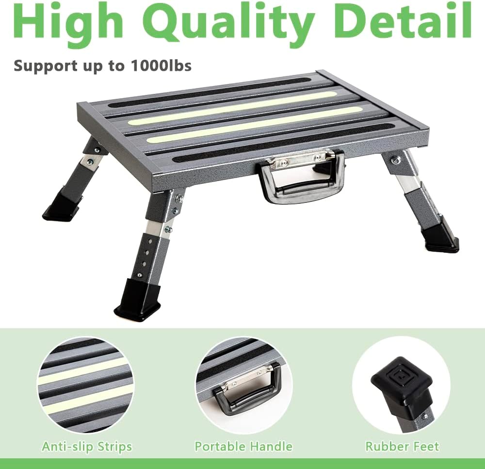 Aluminum RV Step Stool, 4-Level Adjustable Folding, Gray