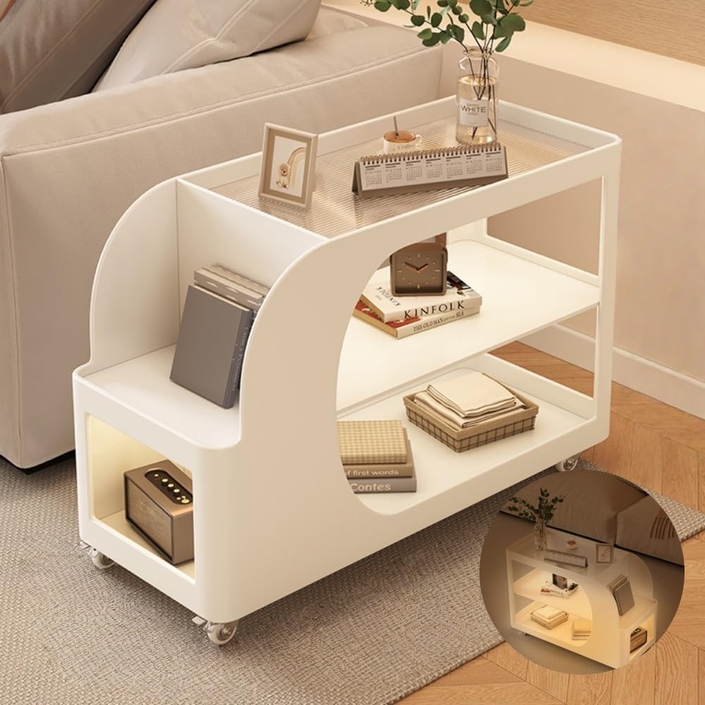 Mobile Sofa Side Table with Wheels, Metal Rolling End Table with Storage, 3-T...