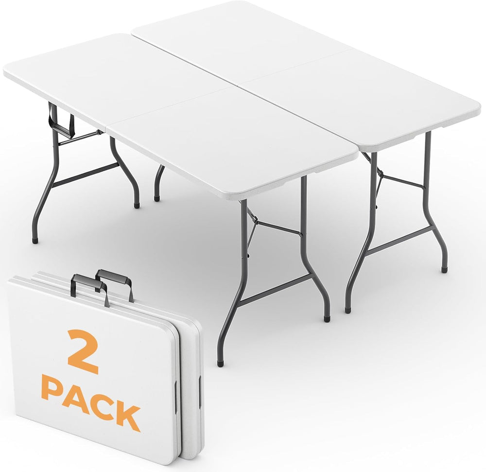 6FT Folding Table 2 Pack, Heavy Duty Fold in Half Plastic Tables with Carry H...