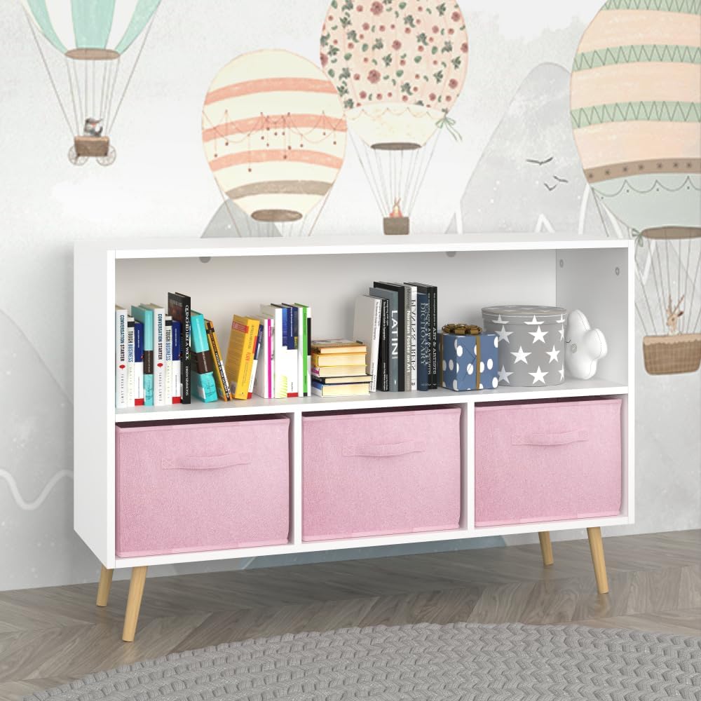 2-Tier Bookcase Bookshelf with Collapsible Fabric Drawers,Cute Book Display S...
