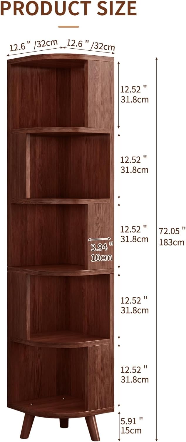 5-Tier Corner Bookshelf, Modern Corner Shelf, Freestanding Bookcase Corner Ca...