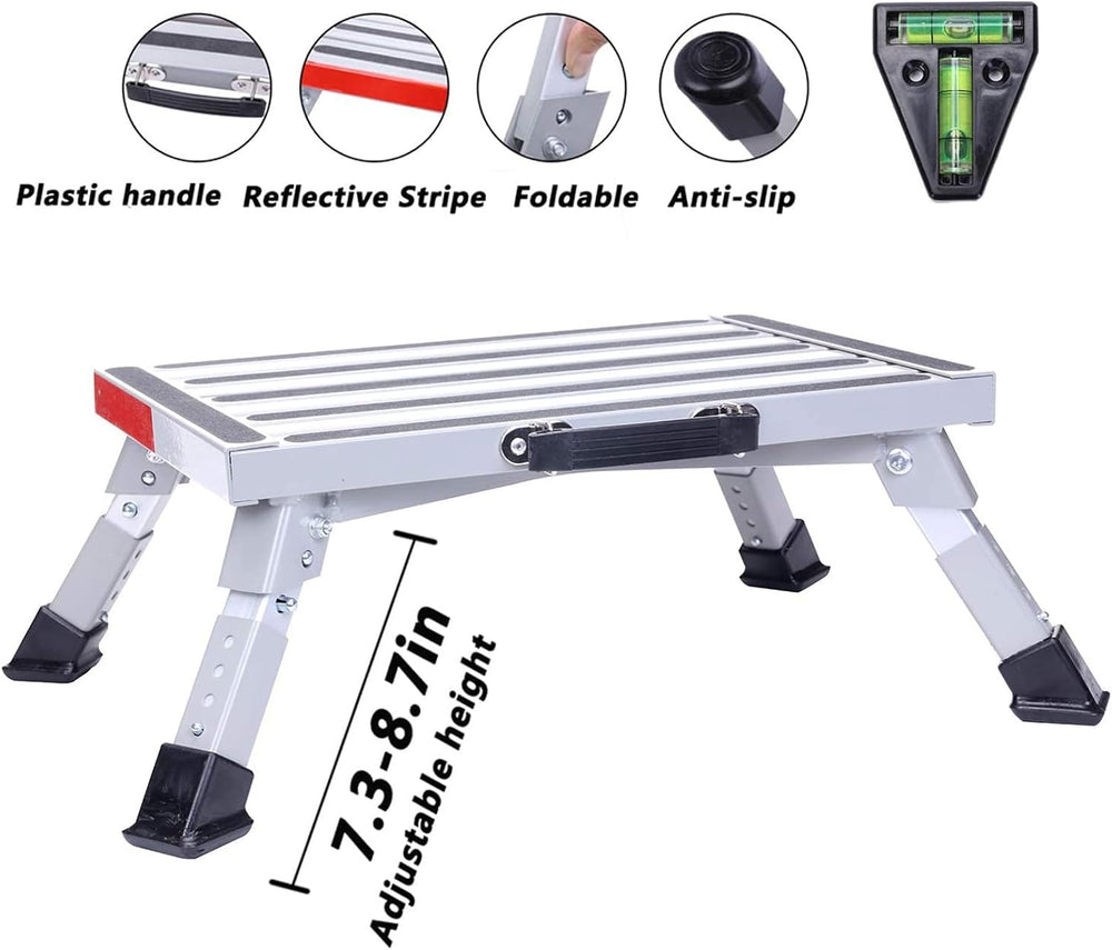 Adjustable RV Step Stool, Folding Aluminum Platform, Gray