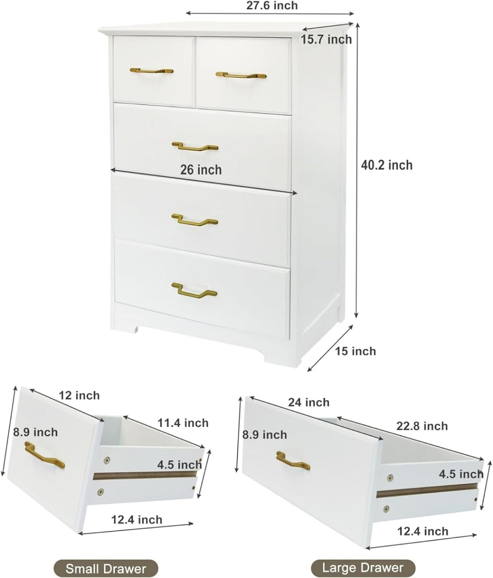 NEDYO 5 Drawer Accent Cabinet, Modern Tall Chest, White
