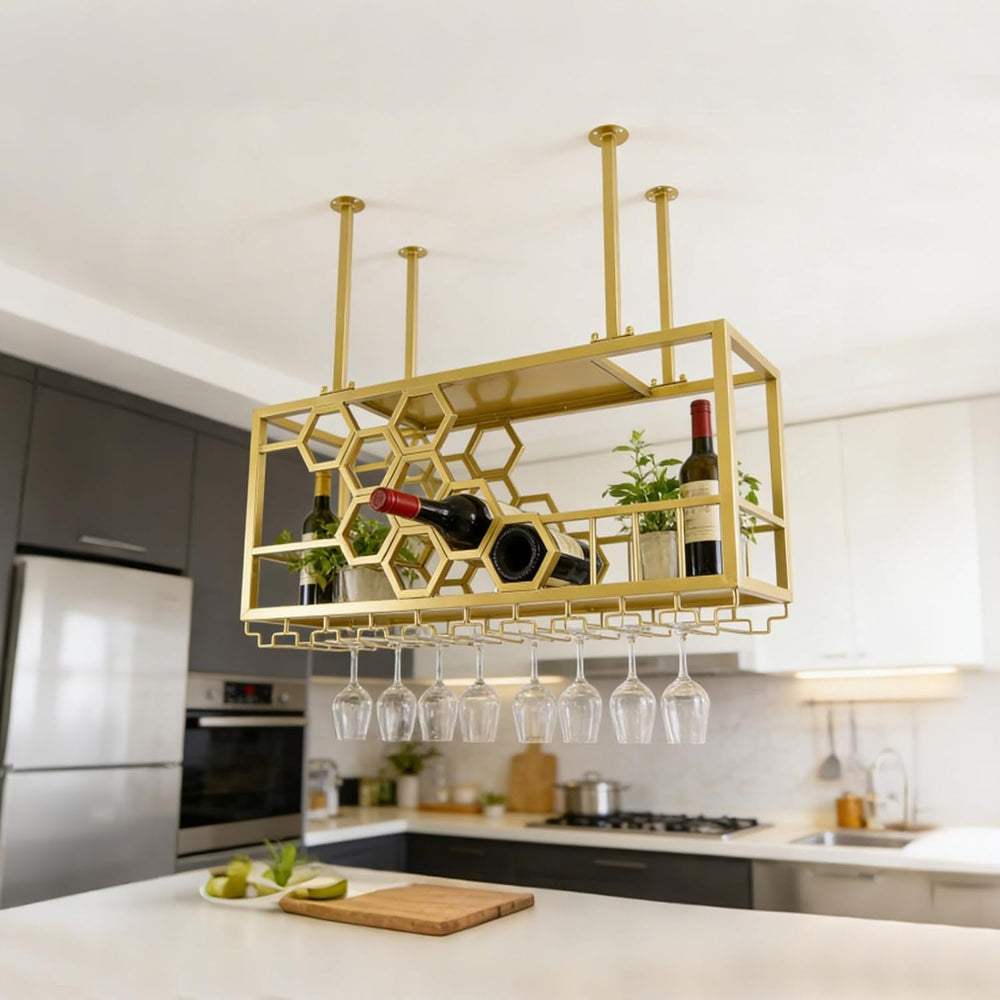 39" Ceiling Wine Rack Gold, Metal Hanging Bottle Rack with Guardrail | H...