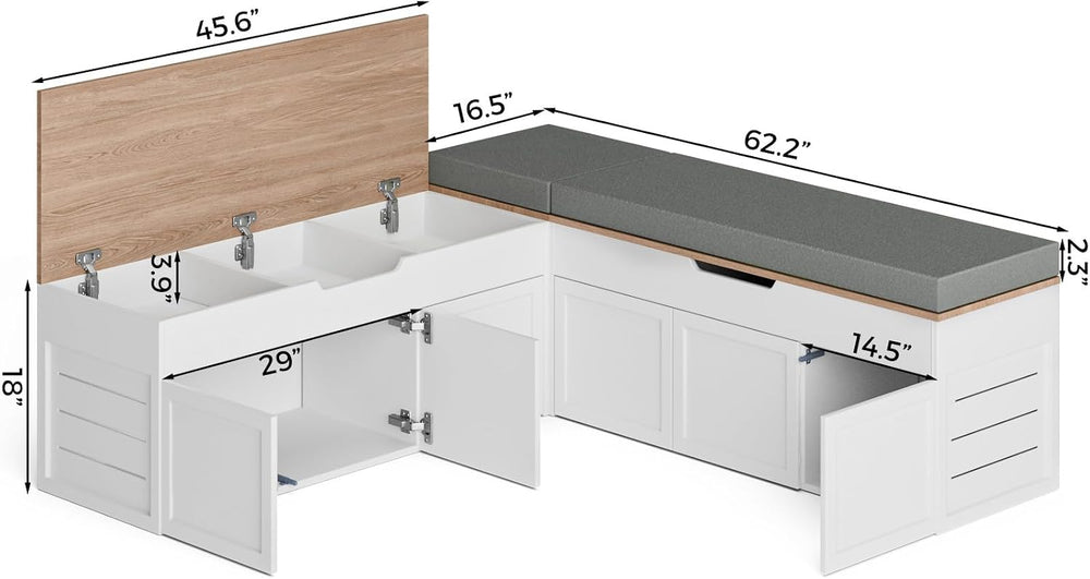 Kikihouse L-Shaped Corner Storage Bench with Cushion, Backless Wood Bench wit...