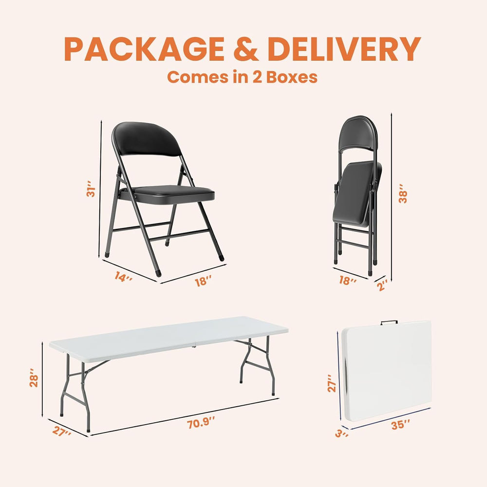 6FT White Plastic Folding Table Set with 6 Black PU Padded Chairs | Portable ...
