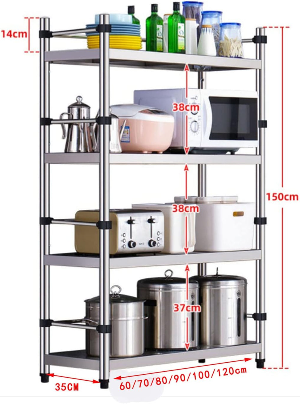Microwave Shelf with 4 Levels, Metal Frame and Hooks, for Kitchen Storage, 60...