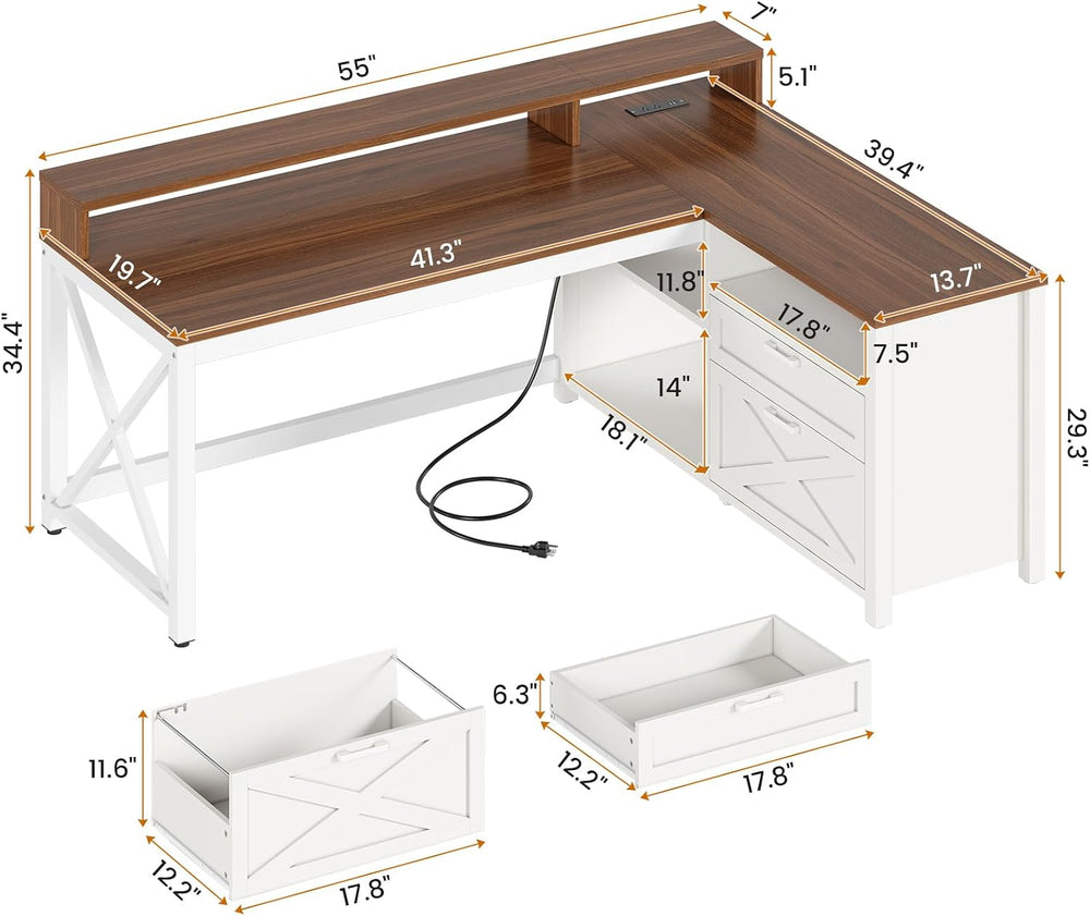 SEDETA Farmhouse L Shaped Desk, 55" Home Office Desk with Drawers and St...