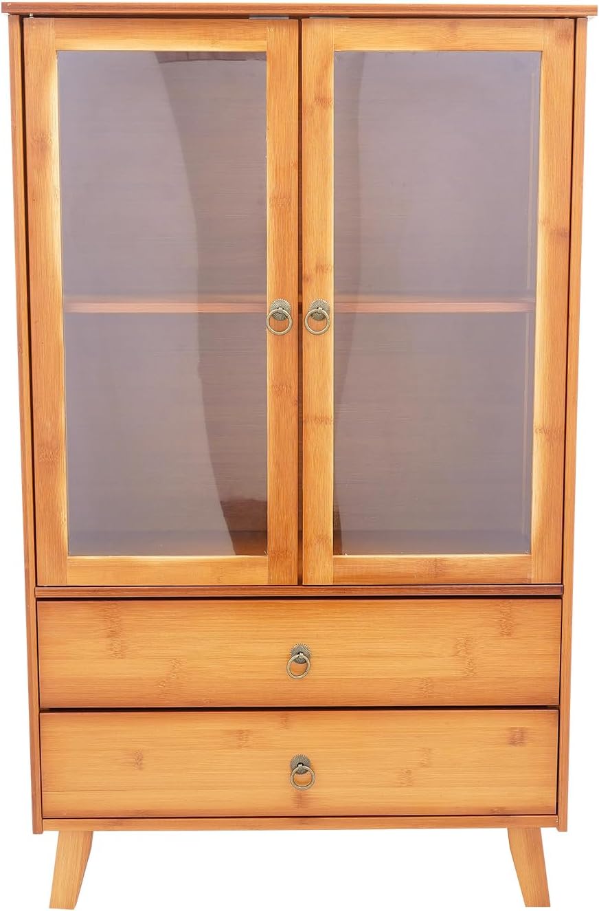 4 Tiers Bamboo Buffet Sideboard with Acrylic Doors,Floor Standing Pantry Cabi...