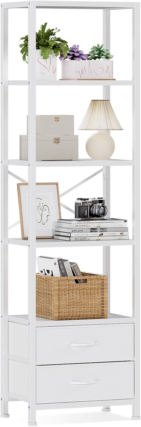Furnulem 5-Tier Corner Shelf,Tall Narrow Bookshelf with Drawers,White