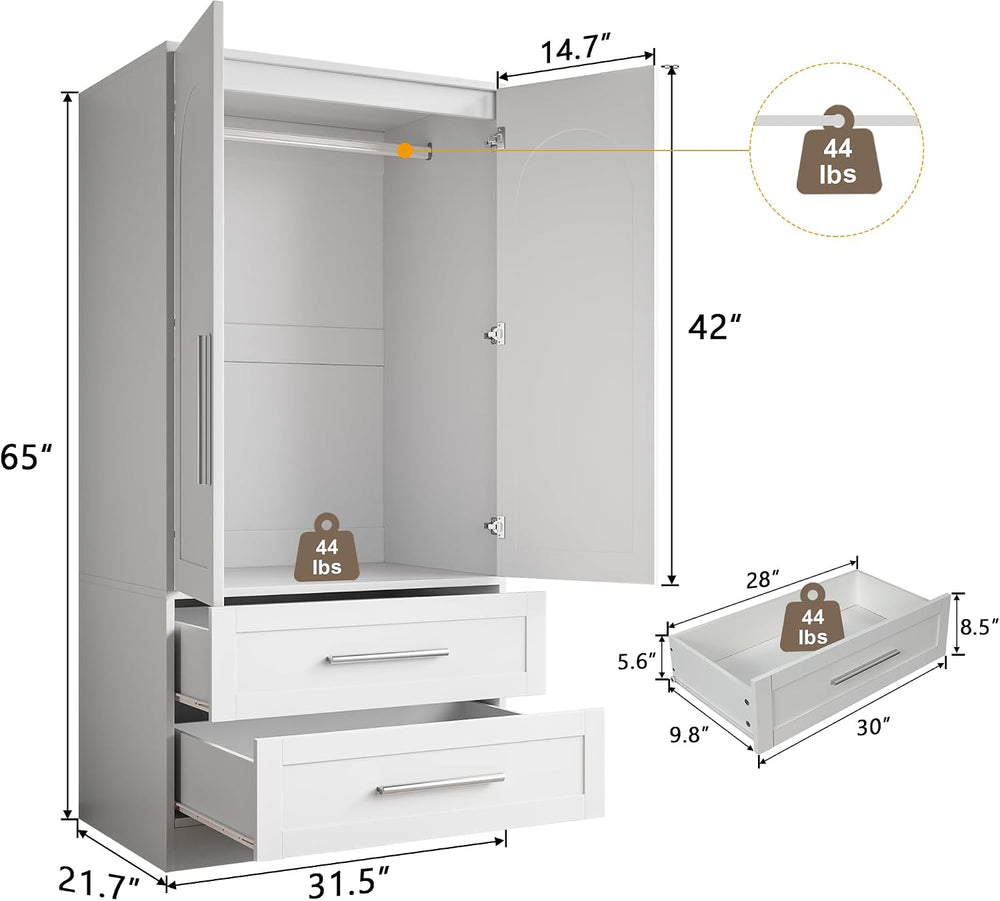 iPormis Armoire Wardrobe Closet with 2 Drawers, Modern Wooden Bedroom Armoire...