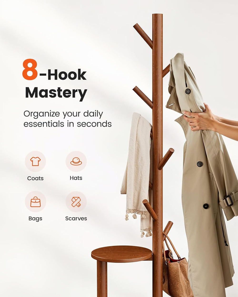 Pipishell Coat Rack, Freestanding Hall Tree with 8 Hooks & Storage Shelf,...