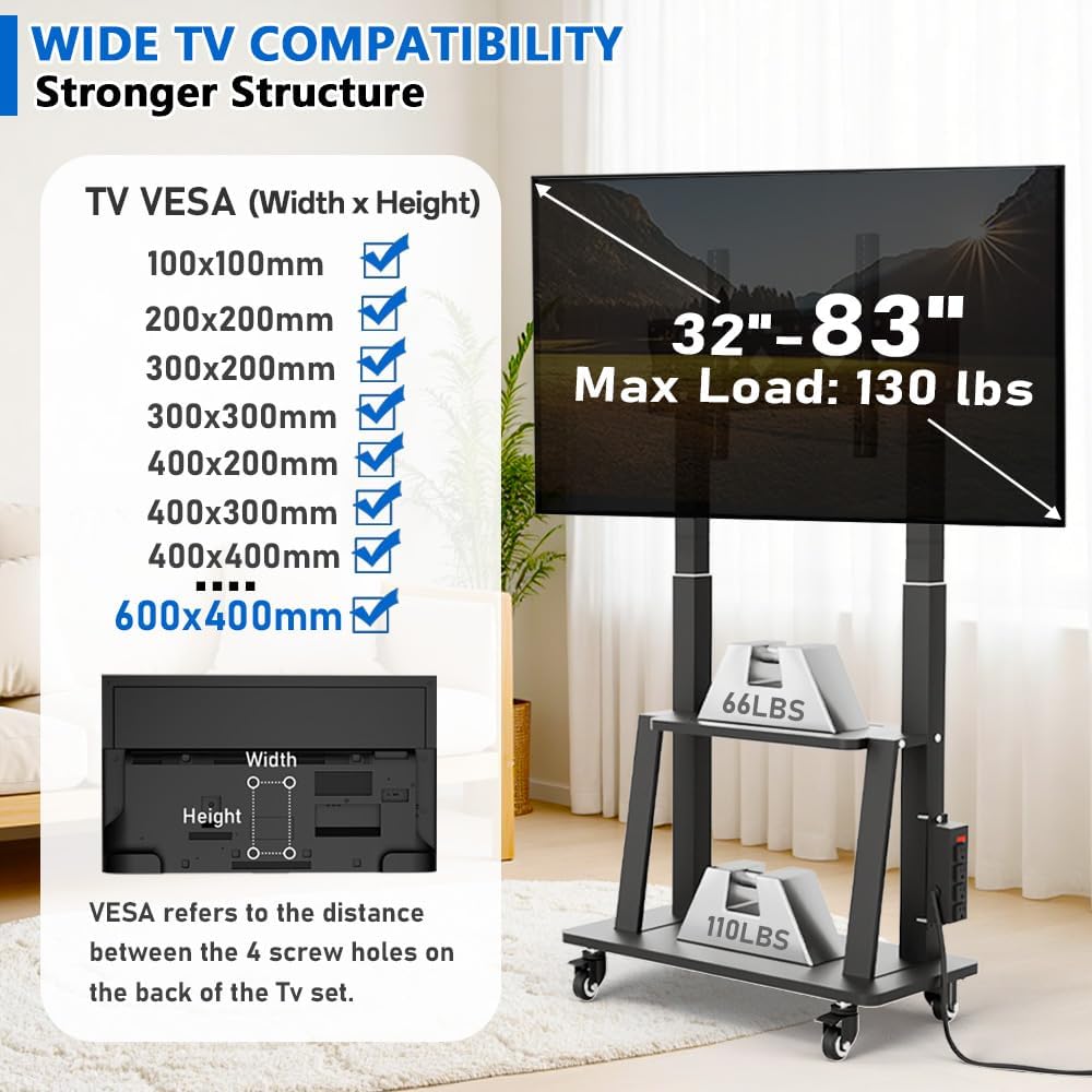 Rolling TV Stand with Power Outlet for 32 to 65 70 75 83 inch TV | Easy Insta...