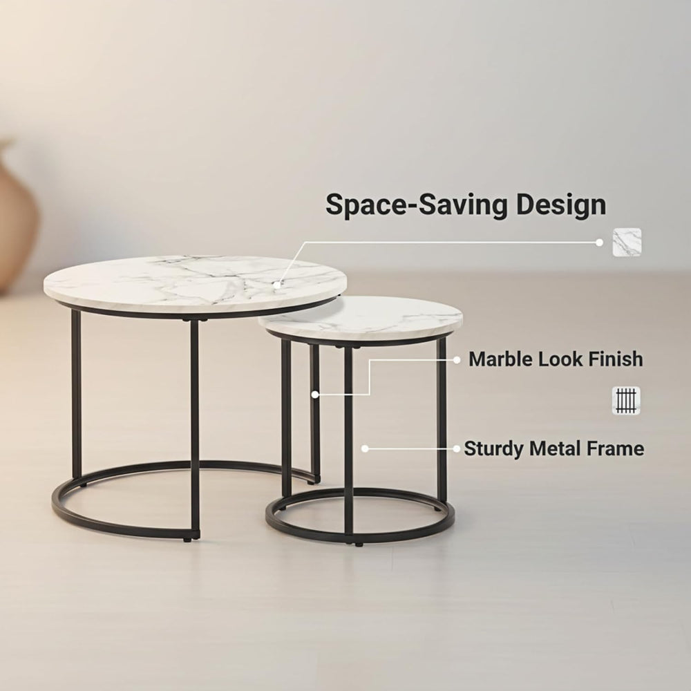 Round Nesting Coffee Table Set of 2, Modern Marble Pattern Wooden Nesting Tab...
