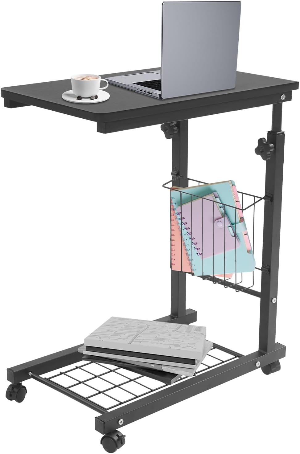 Adjustable Side Table, Modern Dual Shelves Rolling Side Table with 4 Brake Wh...