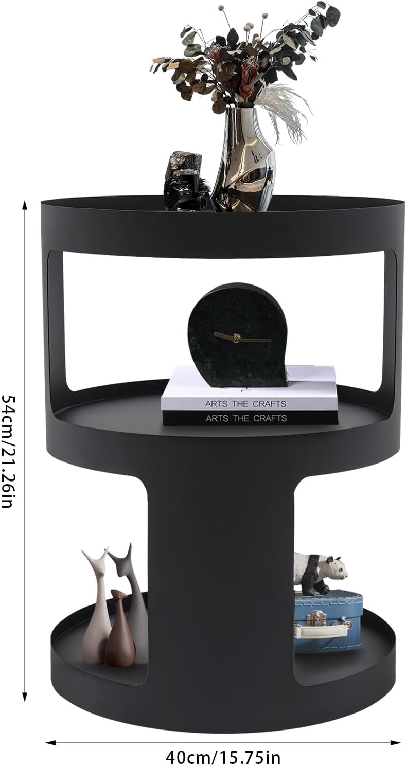 2-Layer Modern Side Table Round End Tables, Black Metal Nightstand Accent Tab...