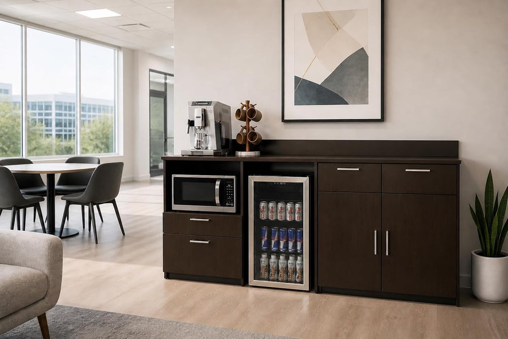 BREAKtime Breakroom Coffee Bar Cabinet with Door Storage, Mini Fridge and Mic...