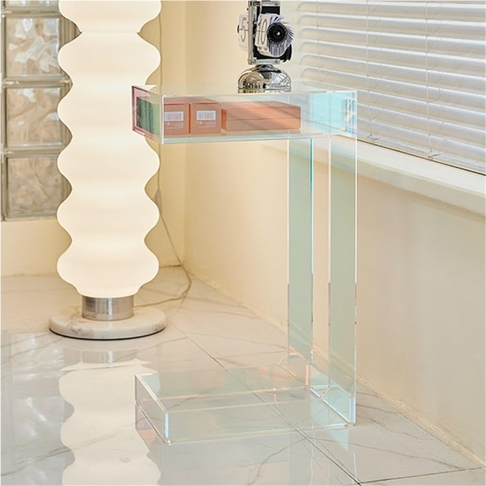 Acrylic Side Table with Integrated Base, Iridescent End Table, C-Shape Nights...