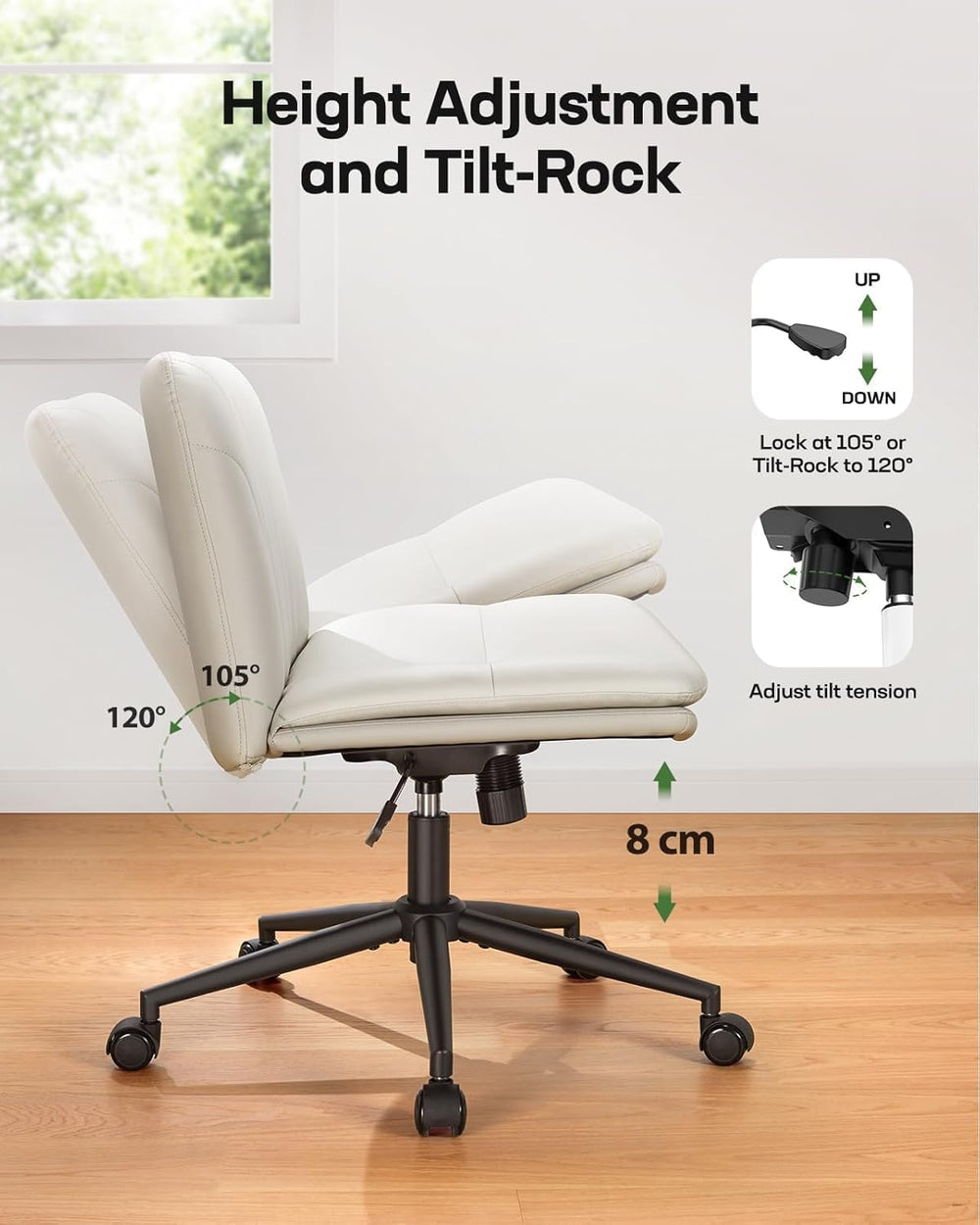 Marsail Armless-Office Desk Chair with Wheels: PU Leather Cross Legged Wide C...
