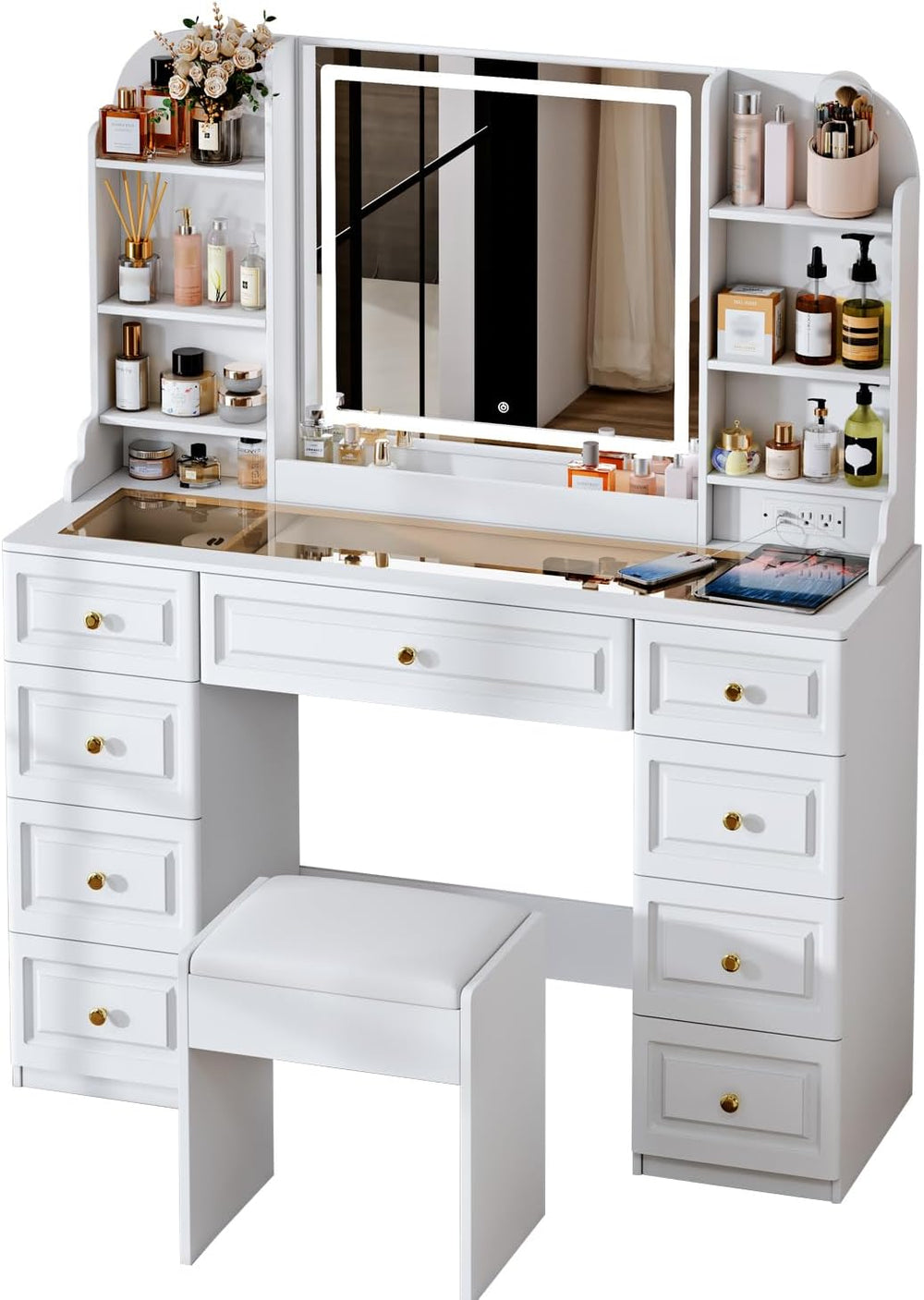 Arulvmrn 43" Makeup Vanity Desk with Mirror and Lights, & Power Outl...