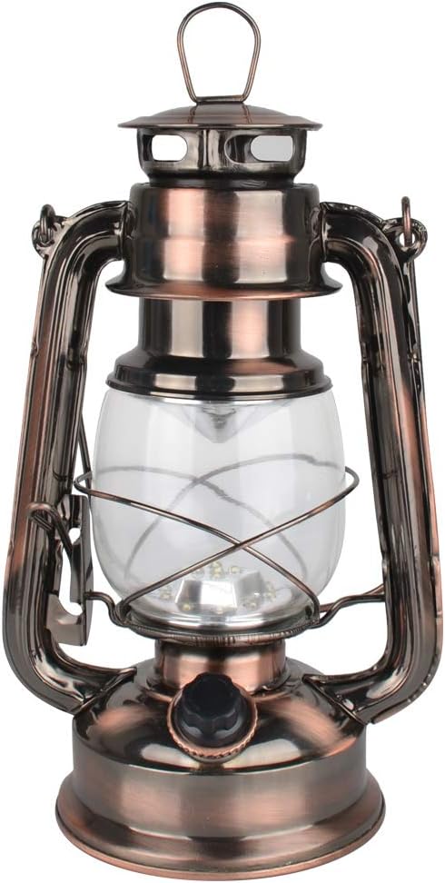 Vintage LED Hurricane Lantern, Warm White Battery Operated, Antique Metal Han...