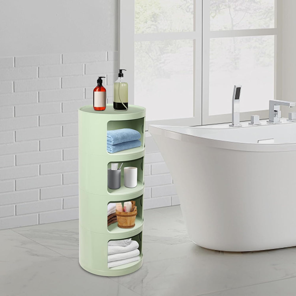 Round Nightstand, 4 Tier Circular Side Table with Sliding Doors, Modern Cylin...